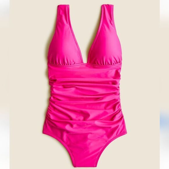 J. Crew Ruched V Neck One Piece Swimsuit Women's Plus 22 Fuchsia Pink Long Torso - Picture 2 of 8